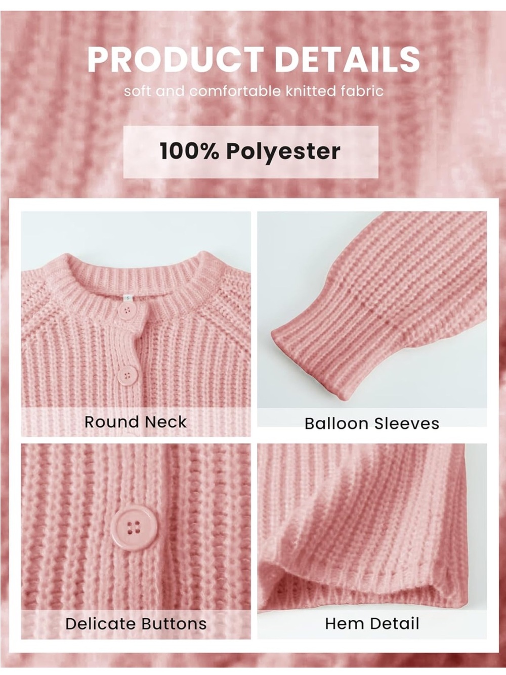Cozy Pink Button-Up Knit Cardigan Sweater - Picture 7 of 9